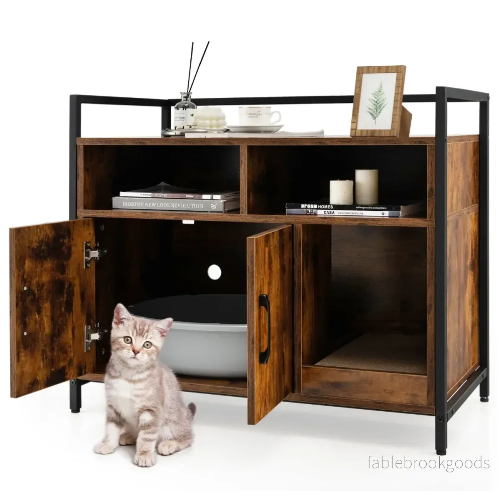 Kattskåp – för husdjur med dubbla dörrar och skrapdyna – 89 x 45 x 74,5 cm – Kaffe - Bild 2