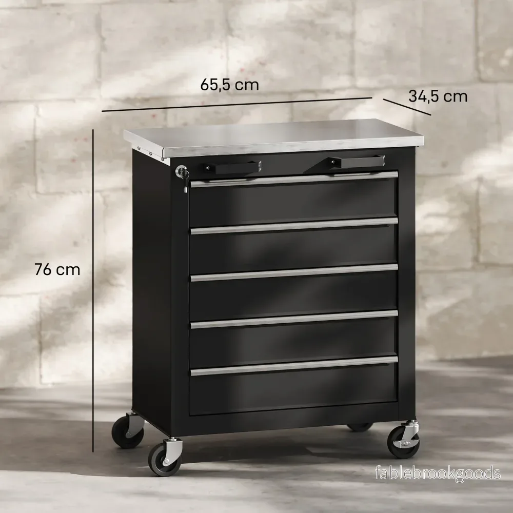 Verktygsskåp i stål, 5 lådor, silver/svart - Bild 3