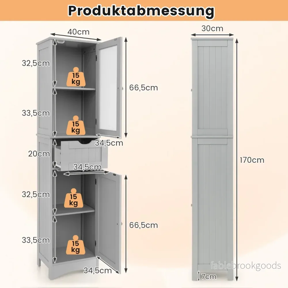 Badrumsskåp – med dörrar och låda Fristående högskåp – 2 1 40 x 30 x 170 cm – Grå - Bild 3