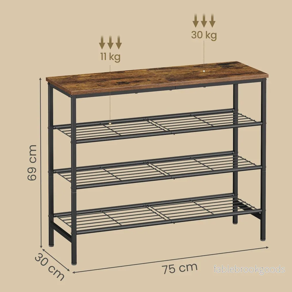Schoenenbank - 30 x 75 x 69 cm - Metalen frame - 4 lagen - Bruin-zwart - Voor 12-16 paar schoenen - Max. draagkracht bovenpaneel 30 kg - Max. draagkracht per draadplank 11 kg - Bild 3