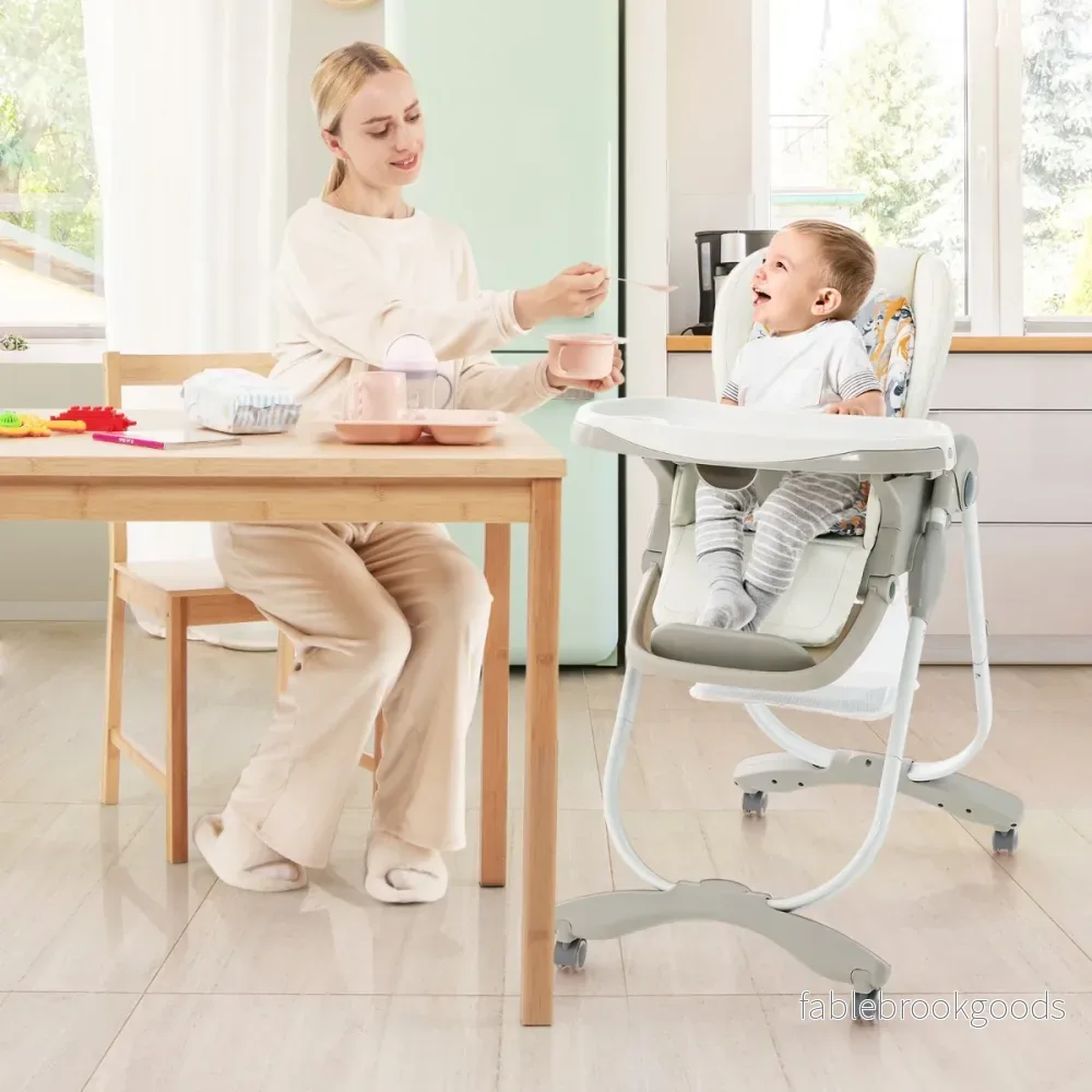 Fällbar – barnstol med hjul och justerbar höjd fotstöd ryggstöd Babysits – Vit - Bild 3