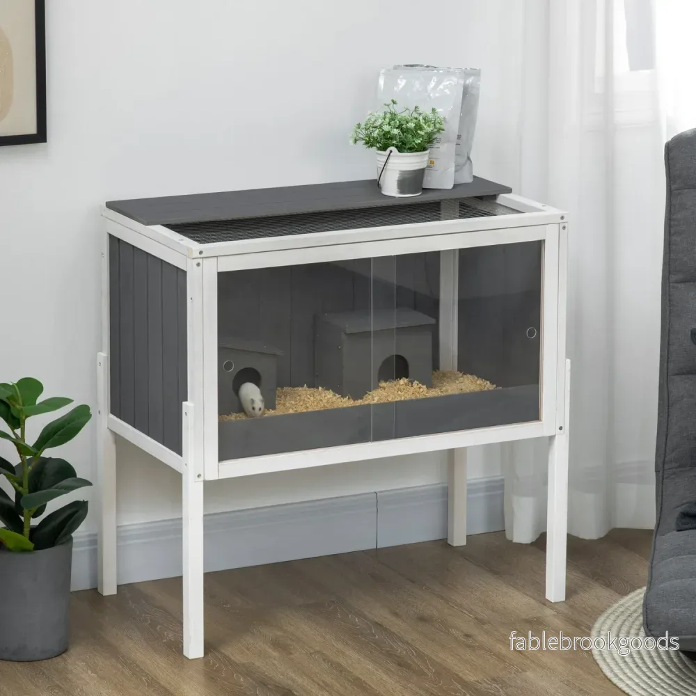 Dvärghamsterbur i trä med hyddor och tillbehör, 82cm - Bild 2