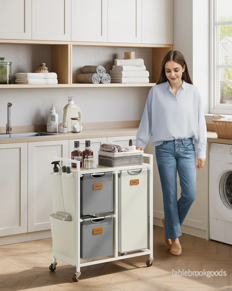 Tvättkorg med 3 fack - Snygg design - Naturlig beige-duva grå-krämvit - Bild 2