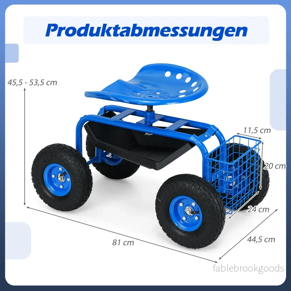 Trädgårdsstol – med hjul ° svängbar höjdjusterbar rullstol avlastning och korg – 360 – Blå - Bild 2