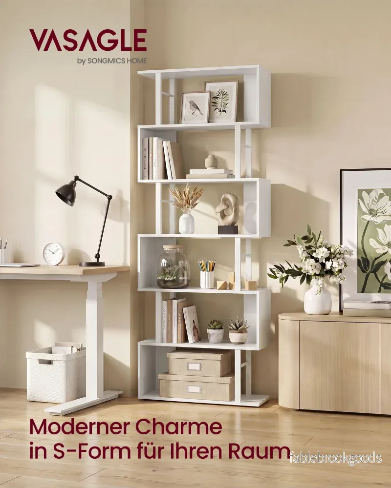 Boekenkast - S-vormige Roomdivider met 7 Ebenen - Wit en matzwart - 60 x 24 x 190,5 cm - Bild 2