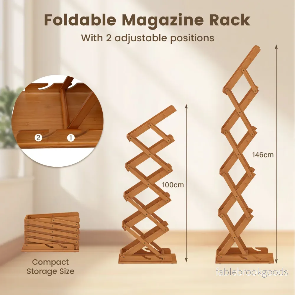 Hopfällbar – tidningsställ med fack tillverkat av bambu, cm, valnötfärgad – 5 40 x 35 x 146 - Bild 3