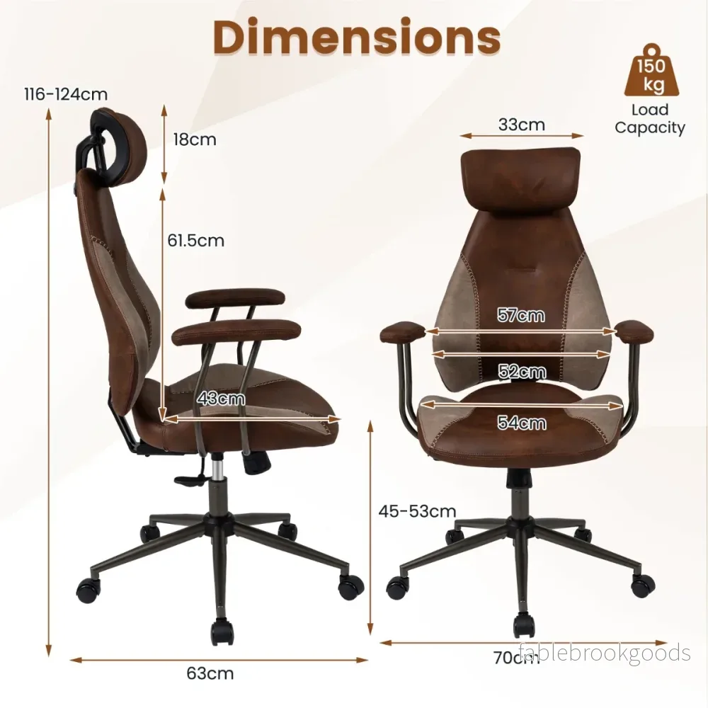 Ergonomisk – kontorsstol, datorbordsstol med mockatygsryggstöd och huvudstöd, brunt. – Brun - Bild 2