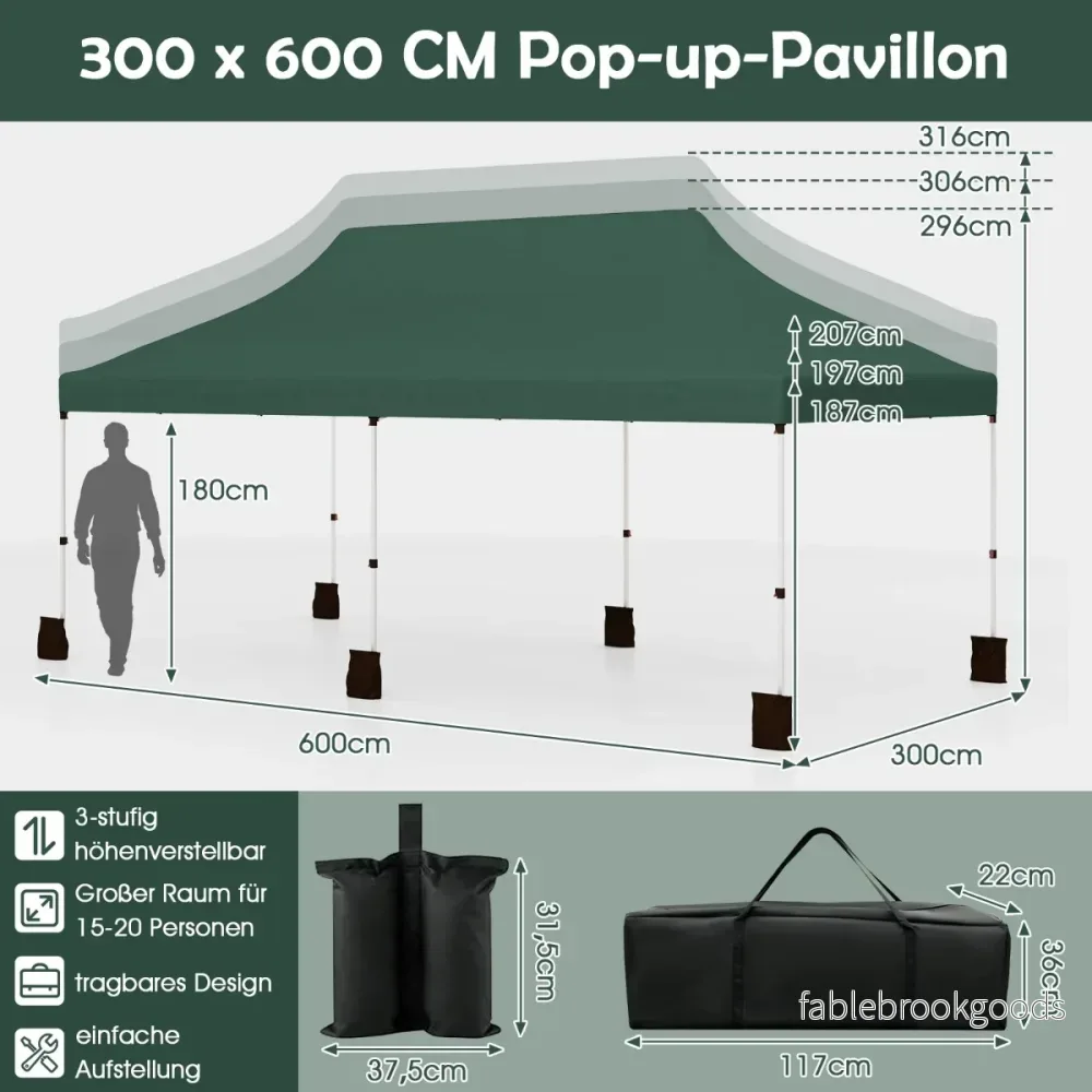 Stort – pop up taktält hopfällbart evenemangstält med bärväska – 300 x 600 cm – Grön - Bild 2
