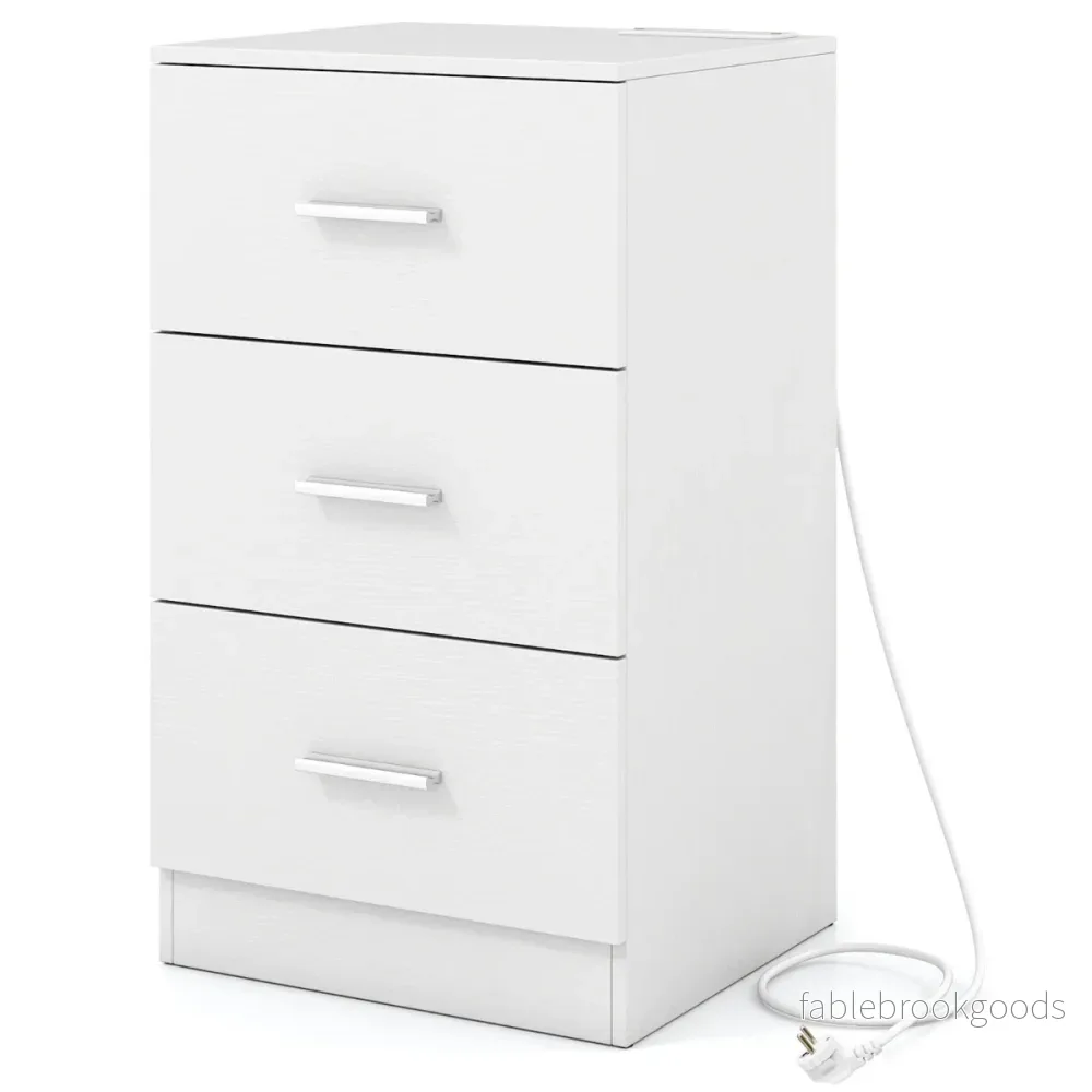Sängbord – med laddstation modern nattduksbord förvaringslådor Vitt – 3 38 x 35 x 66 cm – Vit