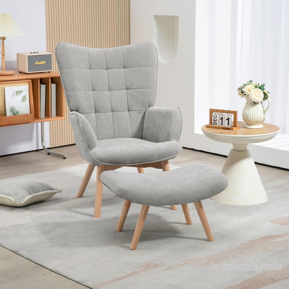 Grå Corduroy Wing Chair med Ottoman – Avslappningsfåtölj - Bild 2