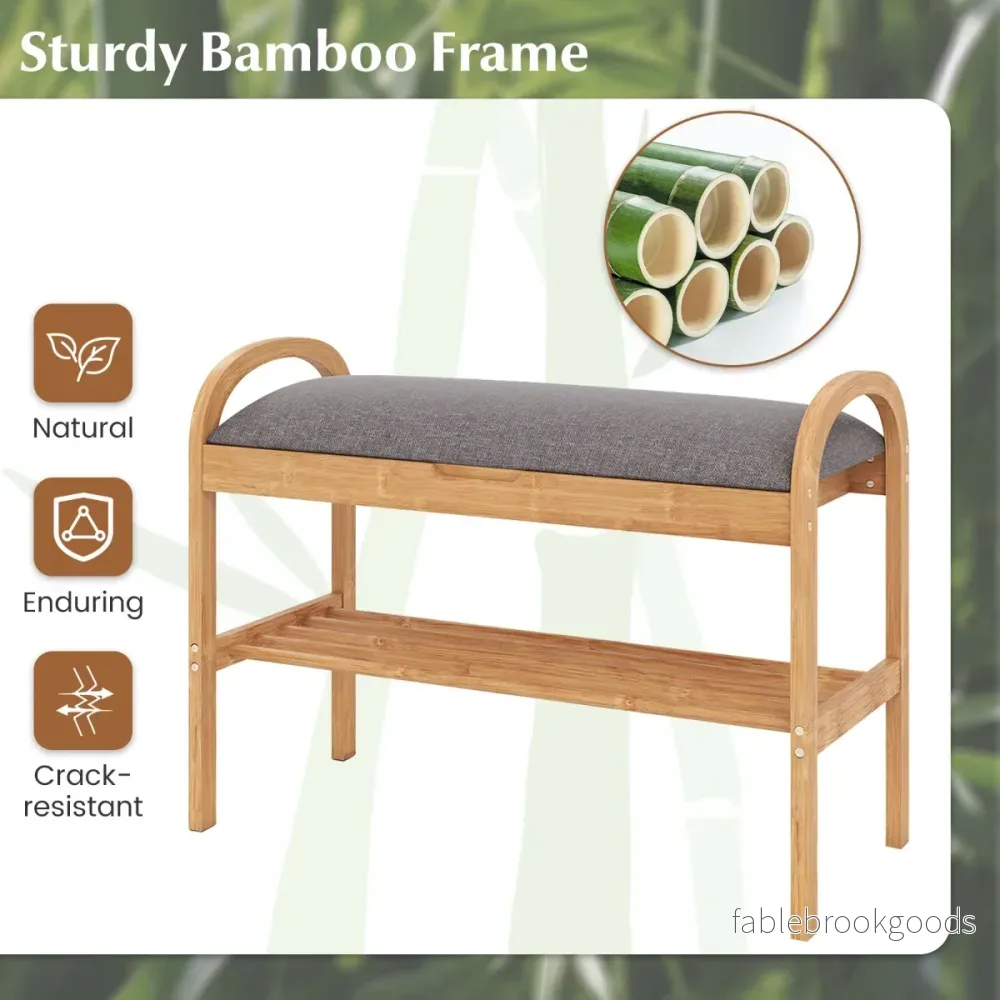 Skorbank – i bambus med förvaring stegs skoracka vadderad sittkudde Natur och – 2 70 x 31,5 x 51 cm – Grå - Bild 3