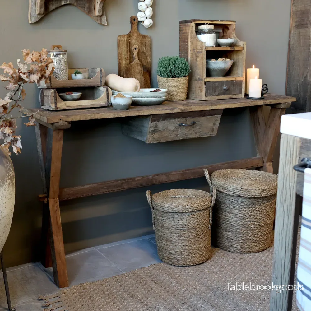 Sidobord i återvunnet trä med låda – rustik vintage 152 cm
