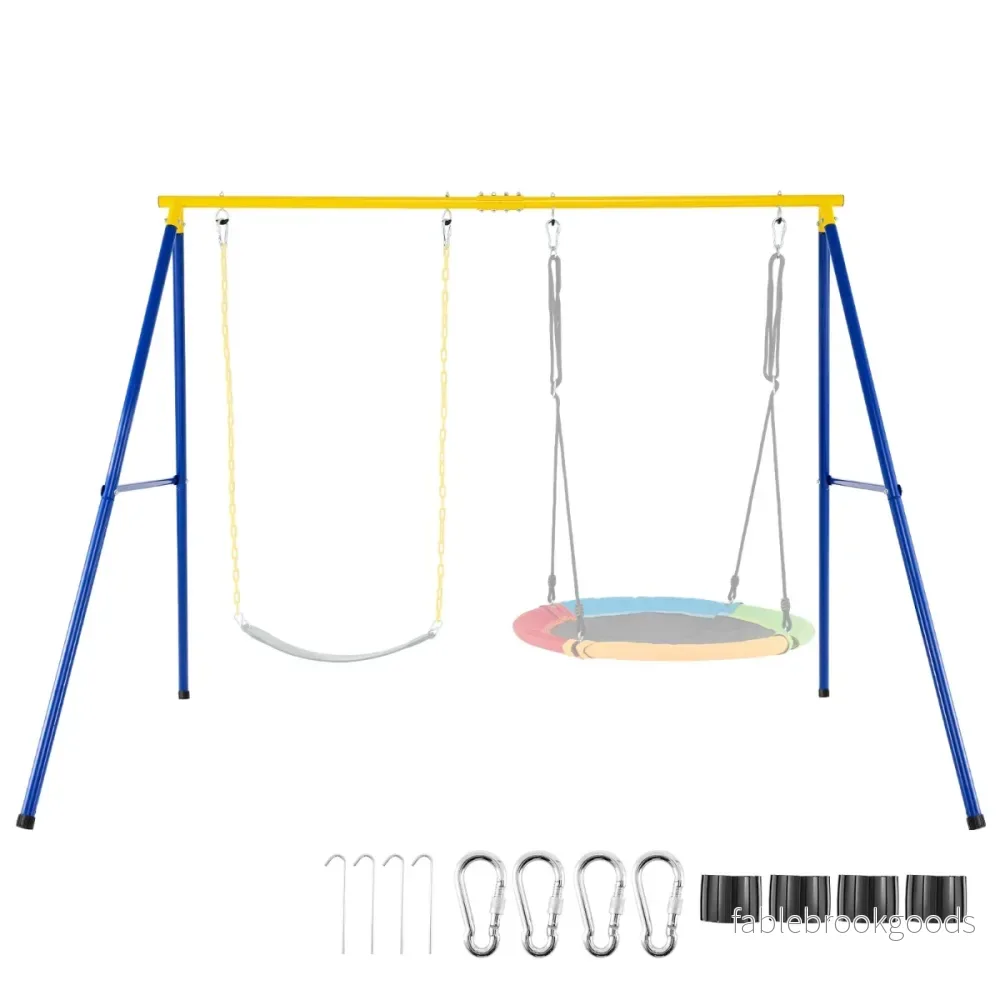 Gungställning – med A ram Dubbelgunga ny extra stark karbinhake + – 249 x 185 x 181,5 cm – Blå och gul