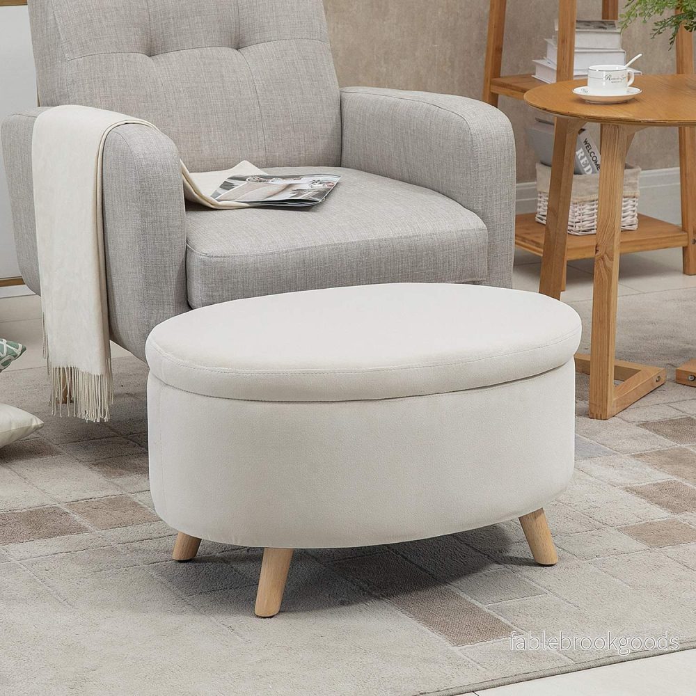 Oval stoppad förvaringsbänk - sammetslook, beige, 71x51,5x42 cm - Bild 2