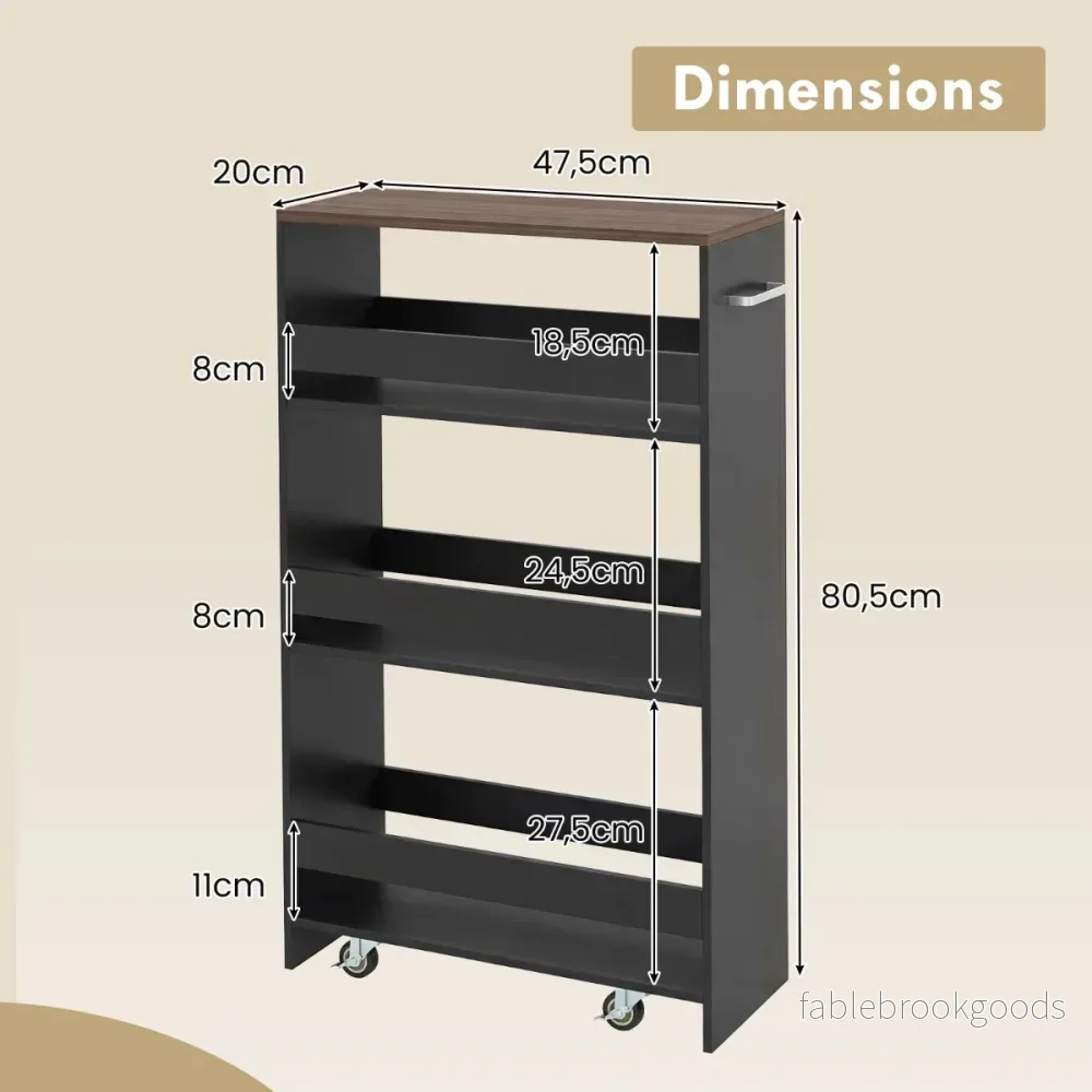 Nischvagn – bred hyllplan smal köksvagn nischhylla på hjul + – 20 cm 4 47,5 x 20 x 80,5 cm – Brun + svart - Bild 2