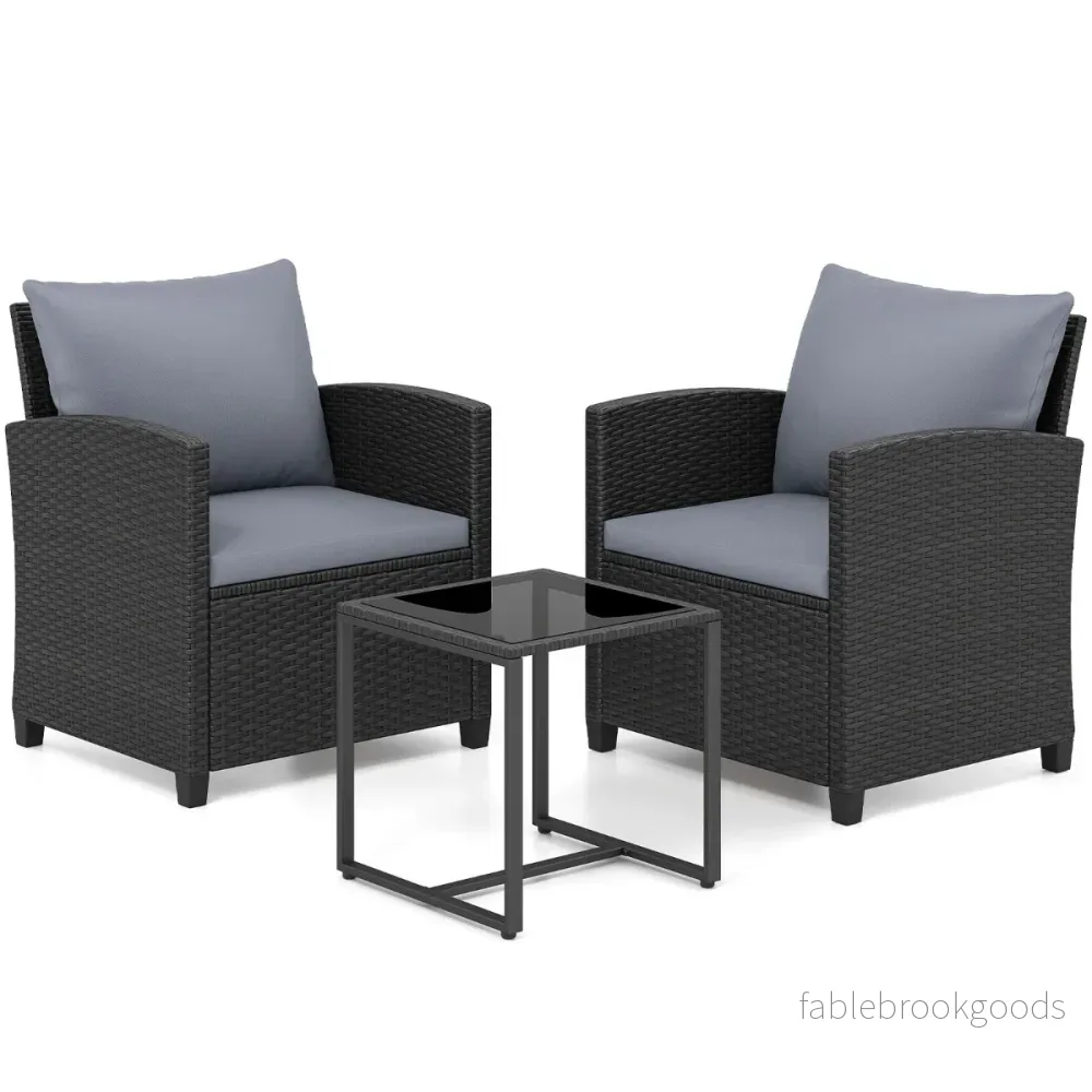 Rattan – Trädgårdsmöbelsätt inkl. stolar med kuddar och glasbordUtomhus sittgrupp – 2 – Grå