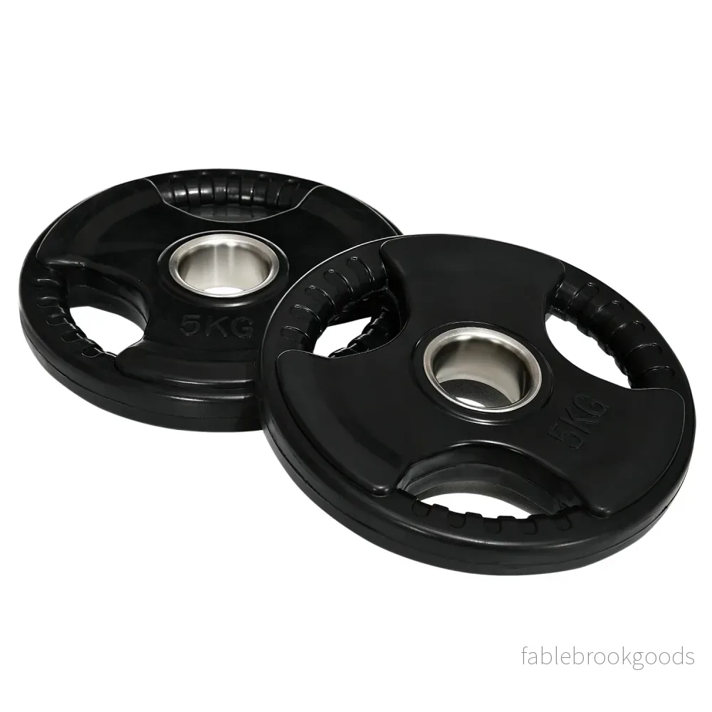 Ett par 5 kg gummi Olympic Tri-Grip viktskivor