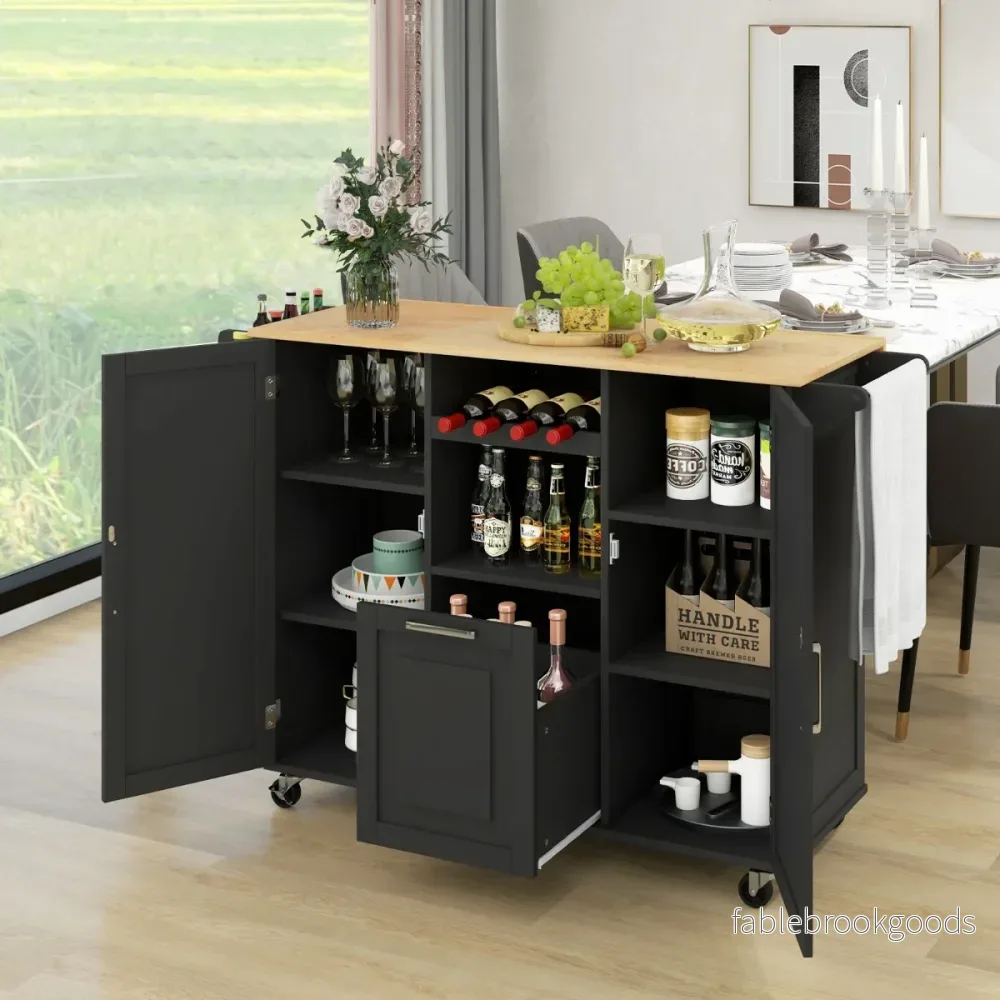 Köksvagn – med hopfällbar bänkskiva och roterande hjul djuplåda Kitchen Island Black – 4 – Svart - Bild 2