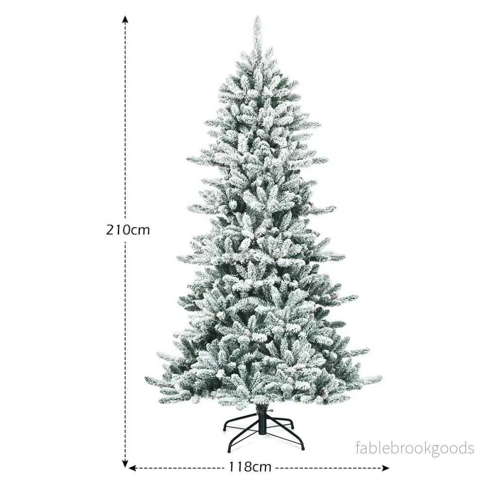 Konstgjord – snötäckt penna julgran med kottar + – 210 cm – Grön och vit - Bild 3