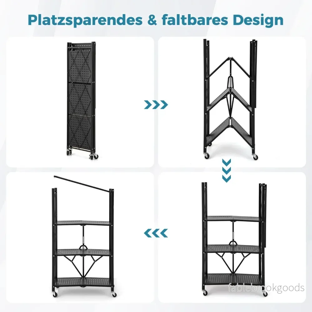 Kraftig – hopfällbar hylla våningar med låsbara hjul – 4 71 x 34 x 126 cm – Svart - Bild 3