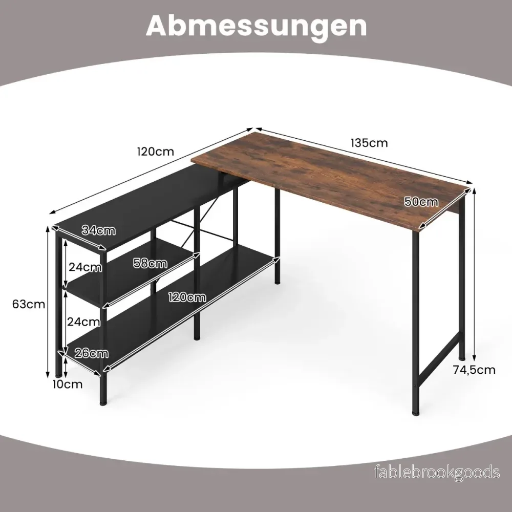 Vändbart – L format hörnskrivbord för gaming med förvaringshyllor Datorskrivbord Rustikt Brunt – 2 – Rustik brun - Bild 2
