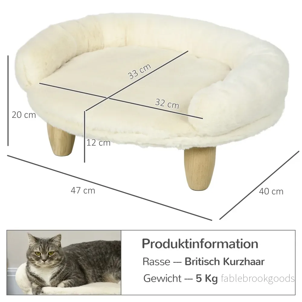 Krämfärgad flanellsoffa för husdjur, förhöjd hund- och kattsoffa, träben - Bild 3