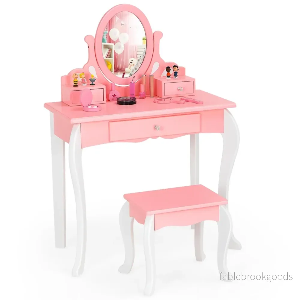 Sminkbord – för barn med Pall Princess lådor och Spegel – 3 – Rosa