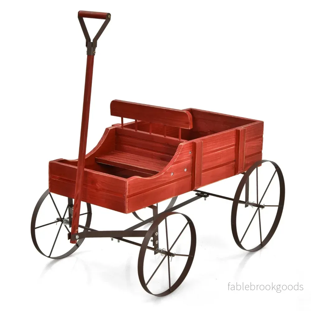 Blomsterställ – Trävagn Växtvagn Blomstervagn med Metall – 62 x 34 x 60 cm – Röd - Bild 2