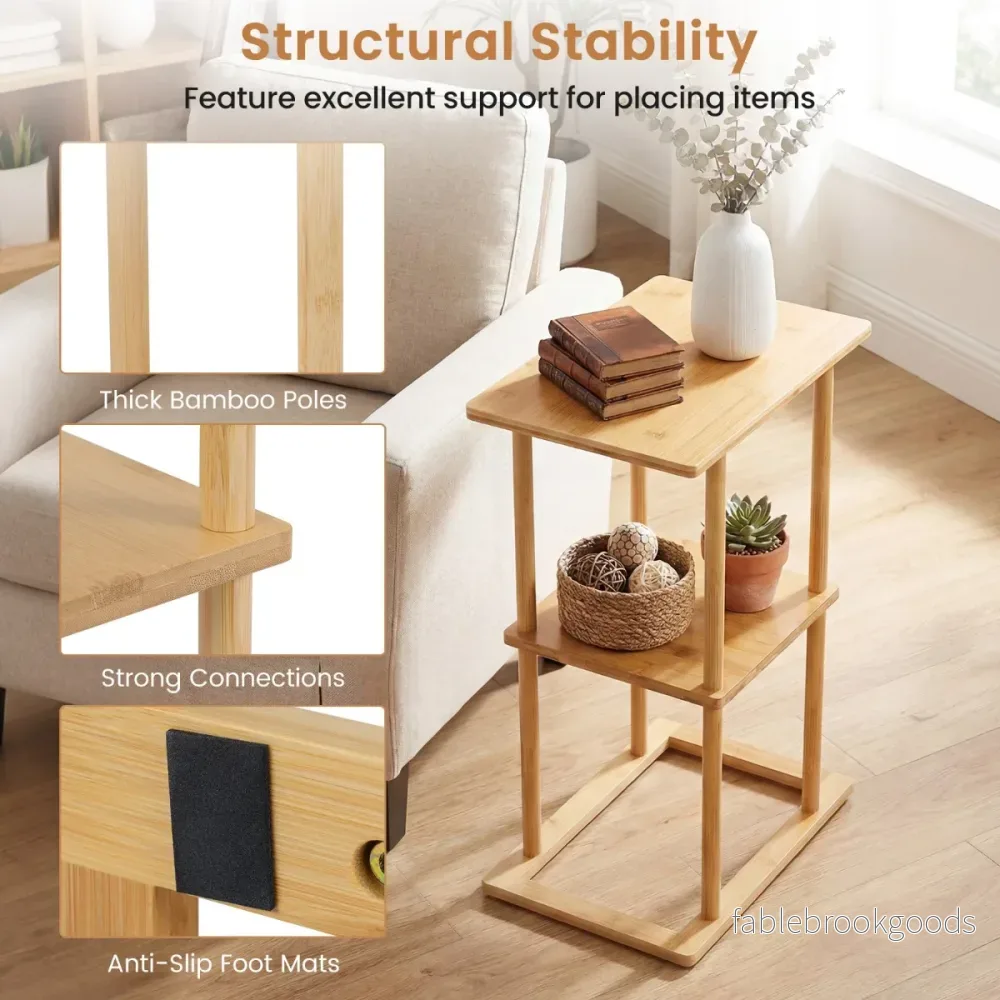 pack – bambus sidobord med förvaringshyllor, rektangulärt sofabord, soffbord – 2 – Natur - Bild 3