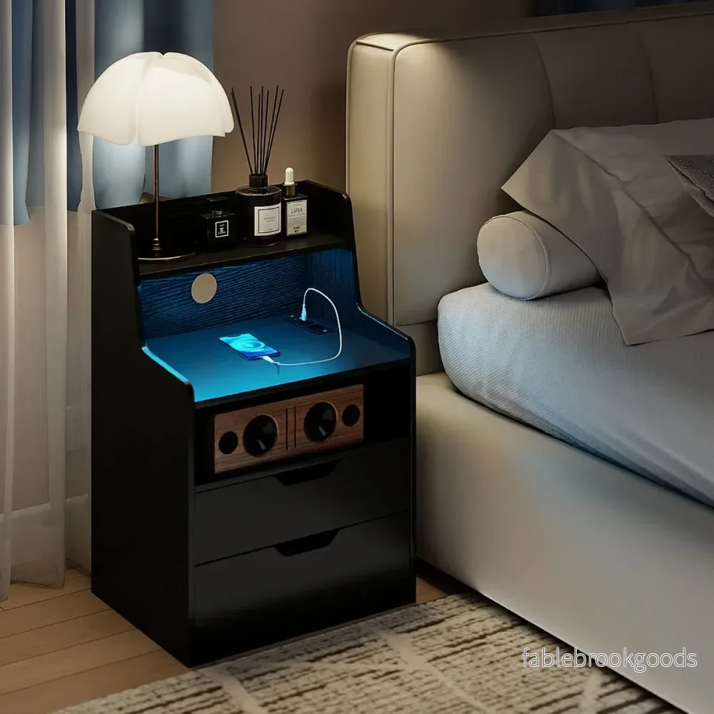 Nattduksbord – med LED Ljus och Laddningsstation Sidobord Låda öppen Fack modern – 2 – Svart - Bild 3