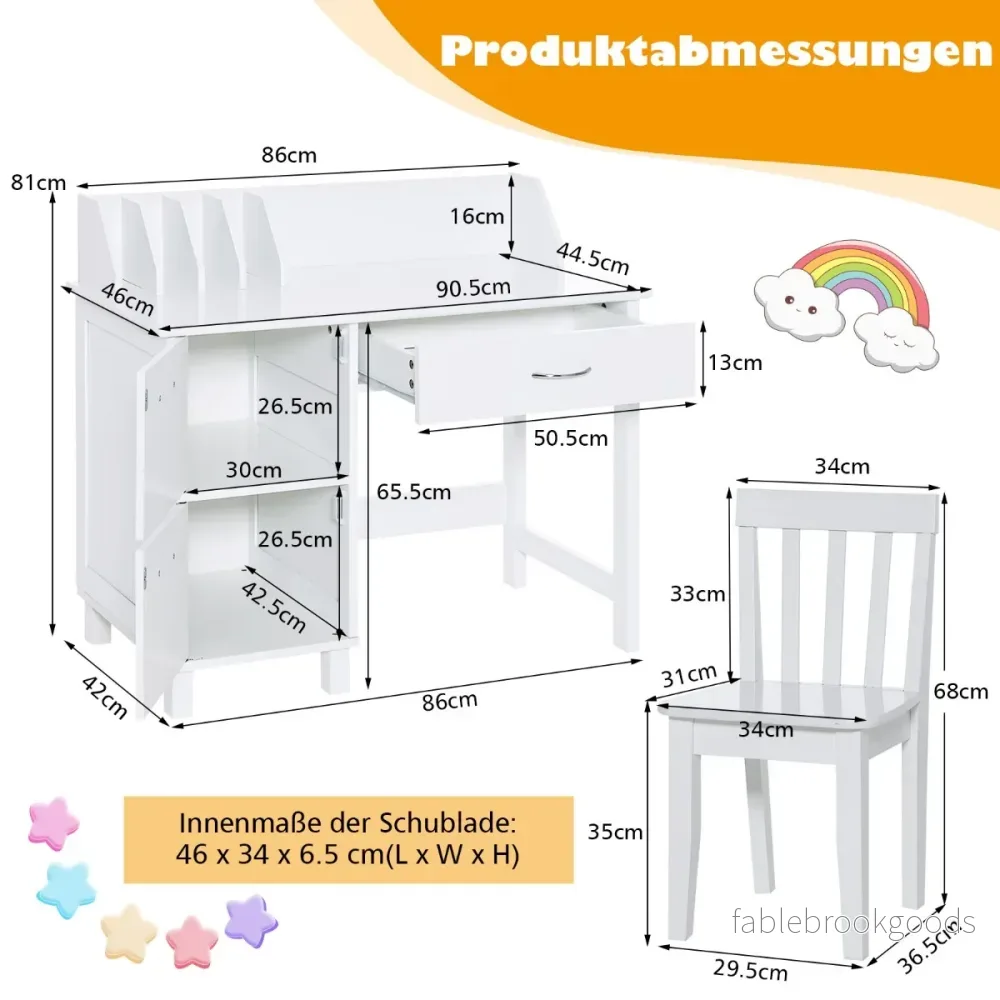 Barnskrivbord – med stol i trä Studentdatorarbetsplats bokdelare – Vit - Bild 2