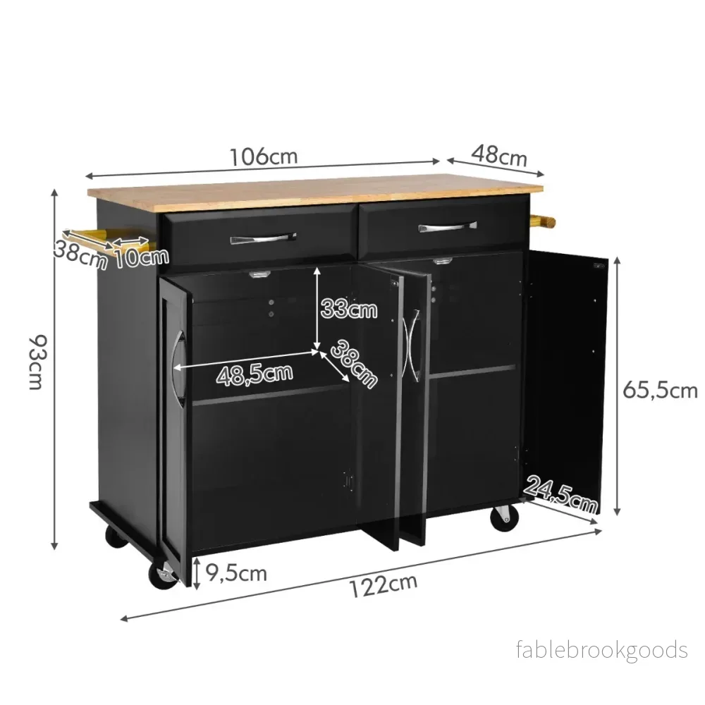 Rolling – Kitchen Island Cart med gummiträ bänkskiva dörrars serveringsvagn – 4 122 x 48 x 92,5 cm – Svart - Bild 2