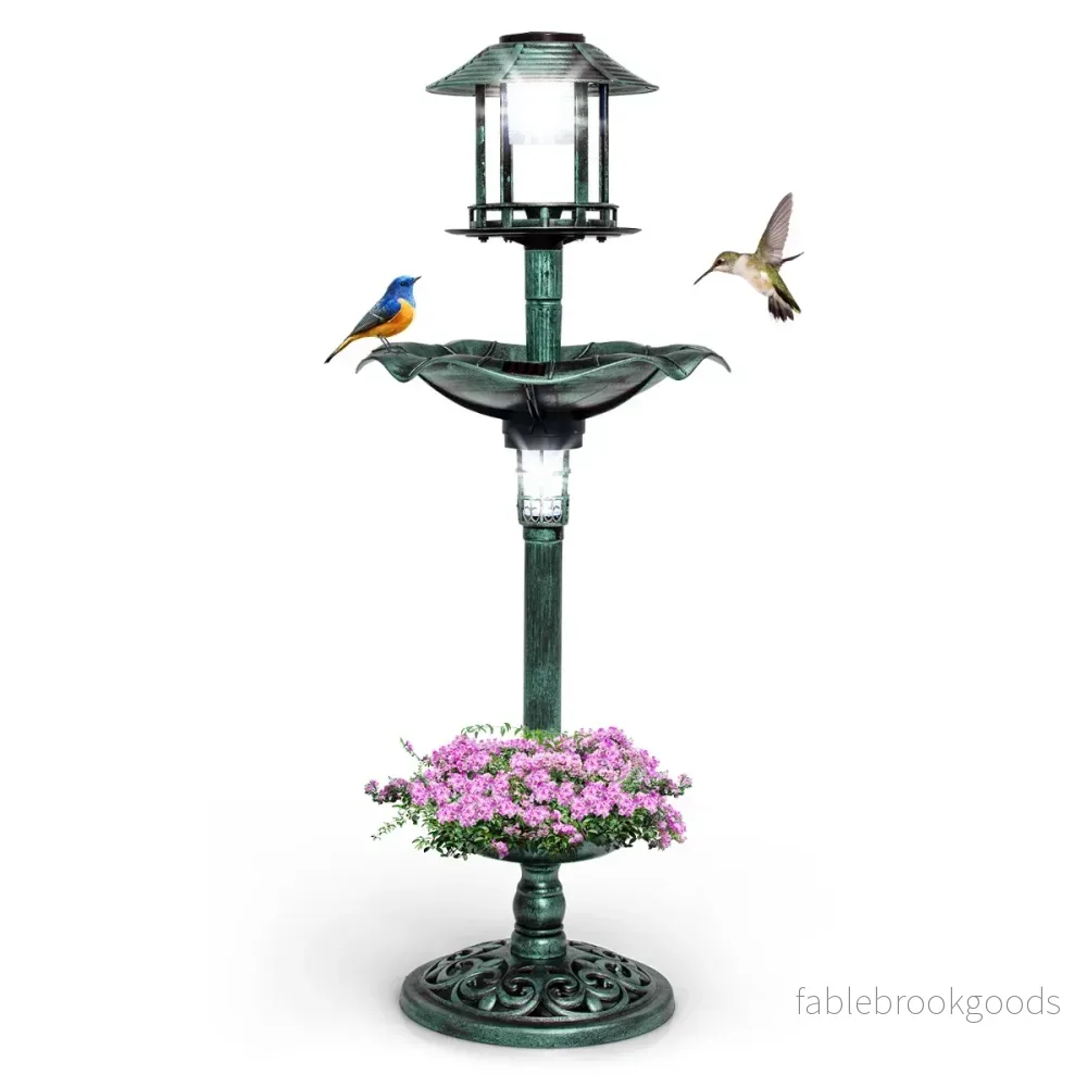 Fågelbad – med Solar Light Blomkruka Fågelmatare – Ø 43 x 110 cm – Grön
