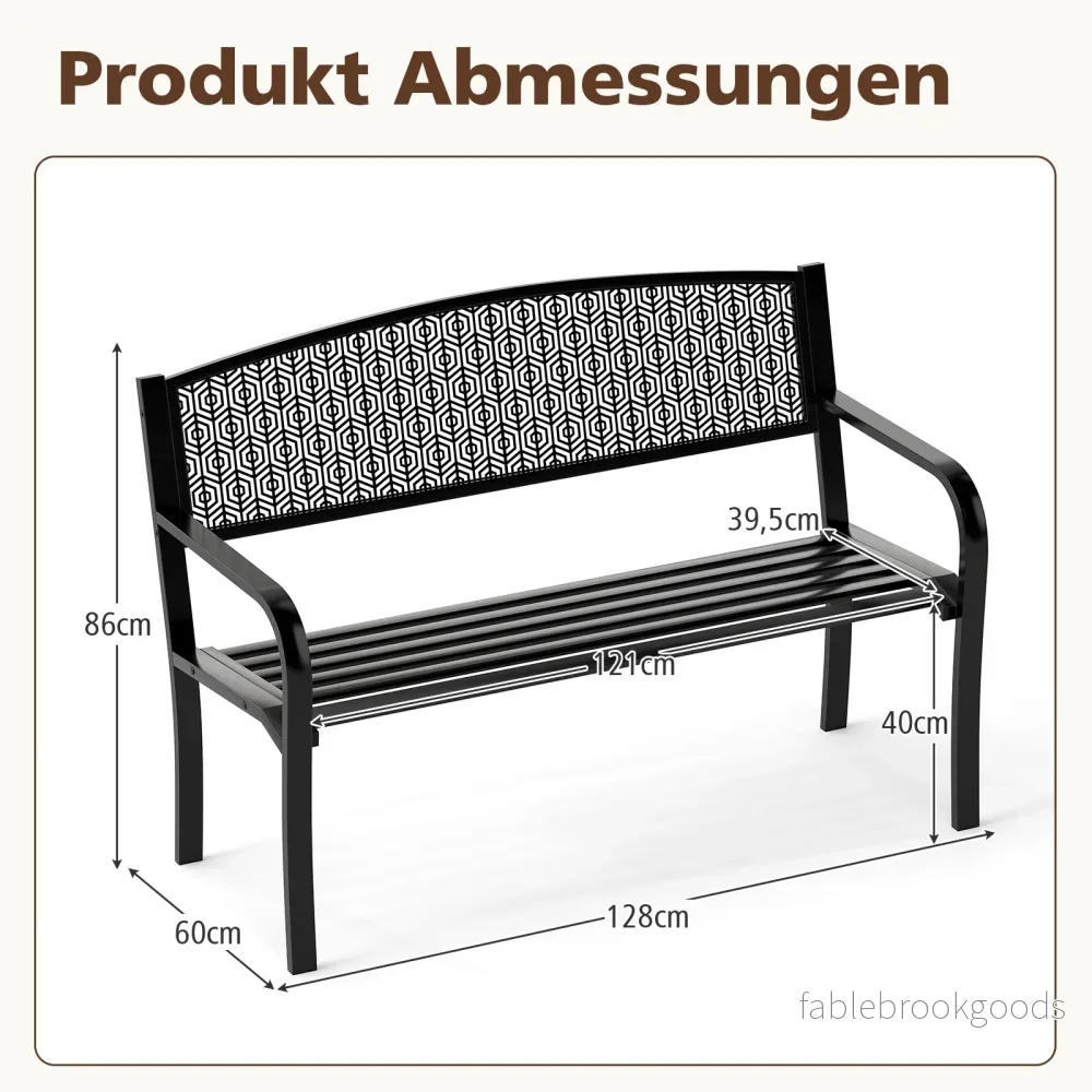 Trädgårdsbänk – Metall Väderbeständig Sittbänk för Personer Balkongbänk med Armstöd – 2 128 x 60 x 86 cm – Svart - Bild 2
