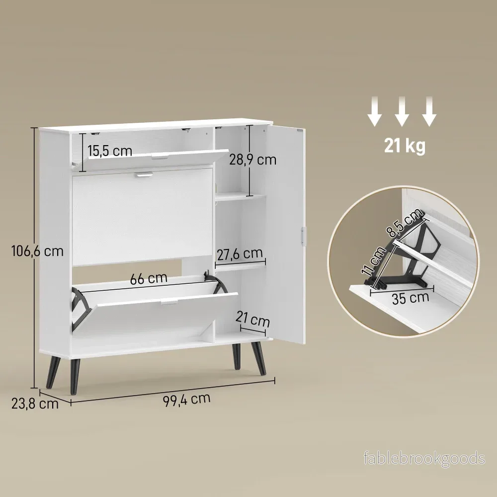 Smal skoskåp med 2 fällbara fack, vit MDF - Bild 3