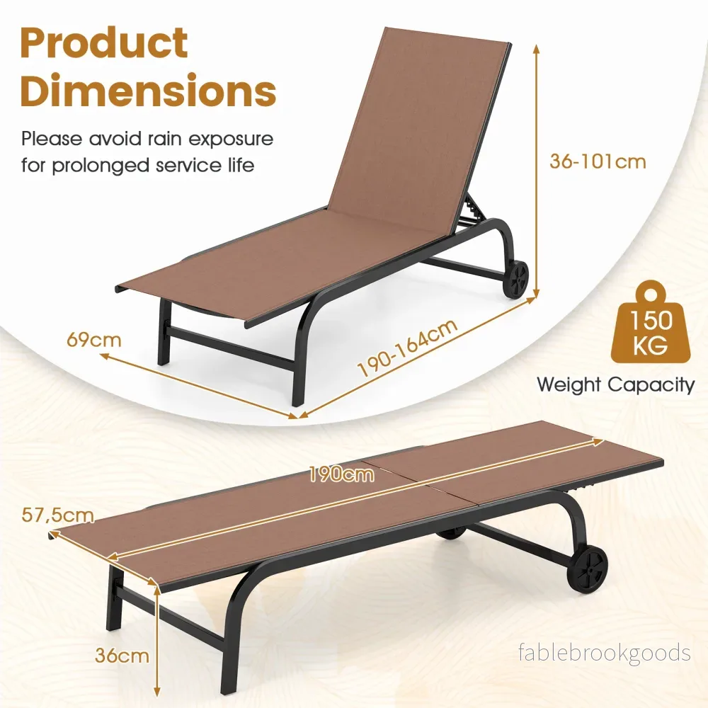 2er – Set Sonnenliege mit Rollen Robuste Gartenliege Fach Verstellbare Rückenlehne bis 180° Flach Braun – 6 - Bild 2