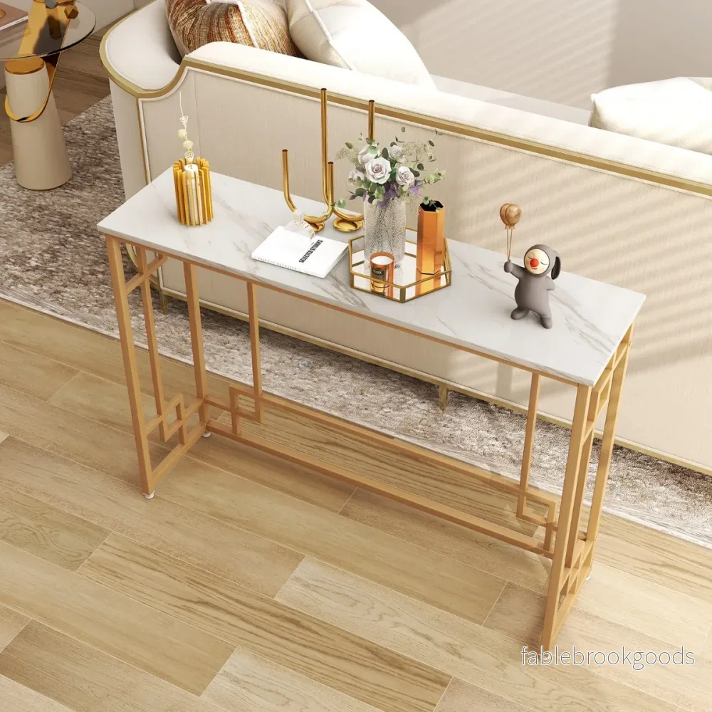 Konsolbord – med marmor och geometrisk metallram Entrébord smalt gyllene – Guld - Bild 3
