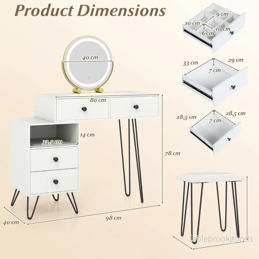 Sminkbord – Set med Pall och Belysning Eluttag Snurr Spegel Skönhetsbord – Vit - Bild 2