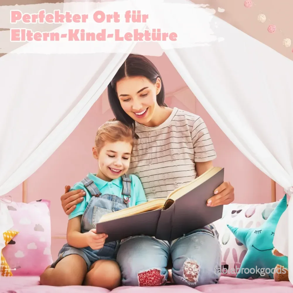 Barntält – med tvättbar bomullsmatta och flaggbanderoll lektält fönster – 131 x 91 x 131 cm – Rosa