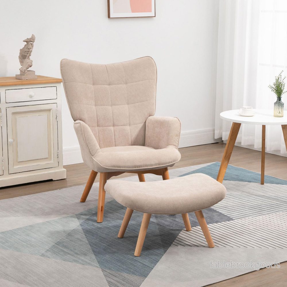 Manchester Lounge Wing Chair med ottomansk, beige klädsel - Bild 2