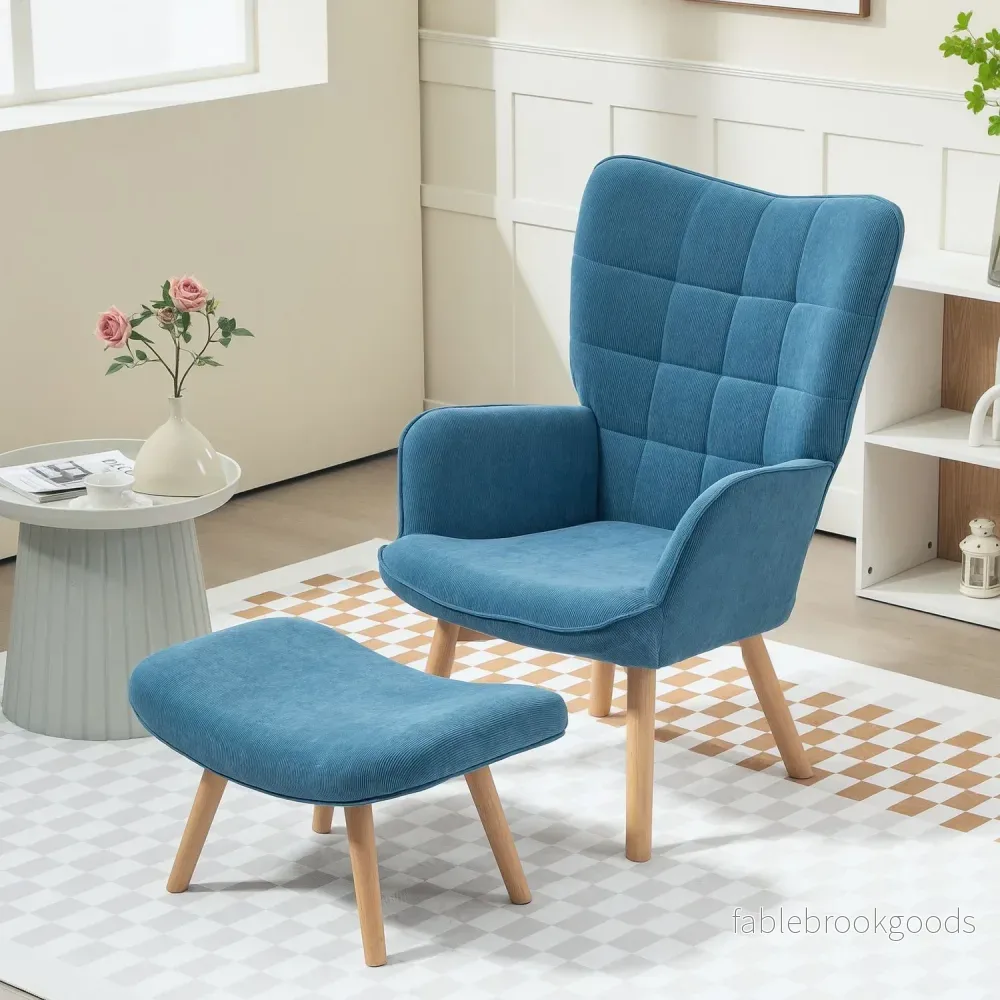Blå manchester Wingback fåtölj med fotpall, tuftad design - Bild 2