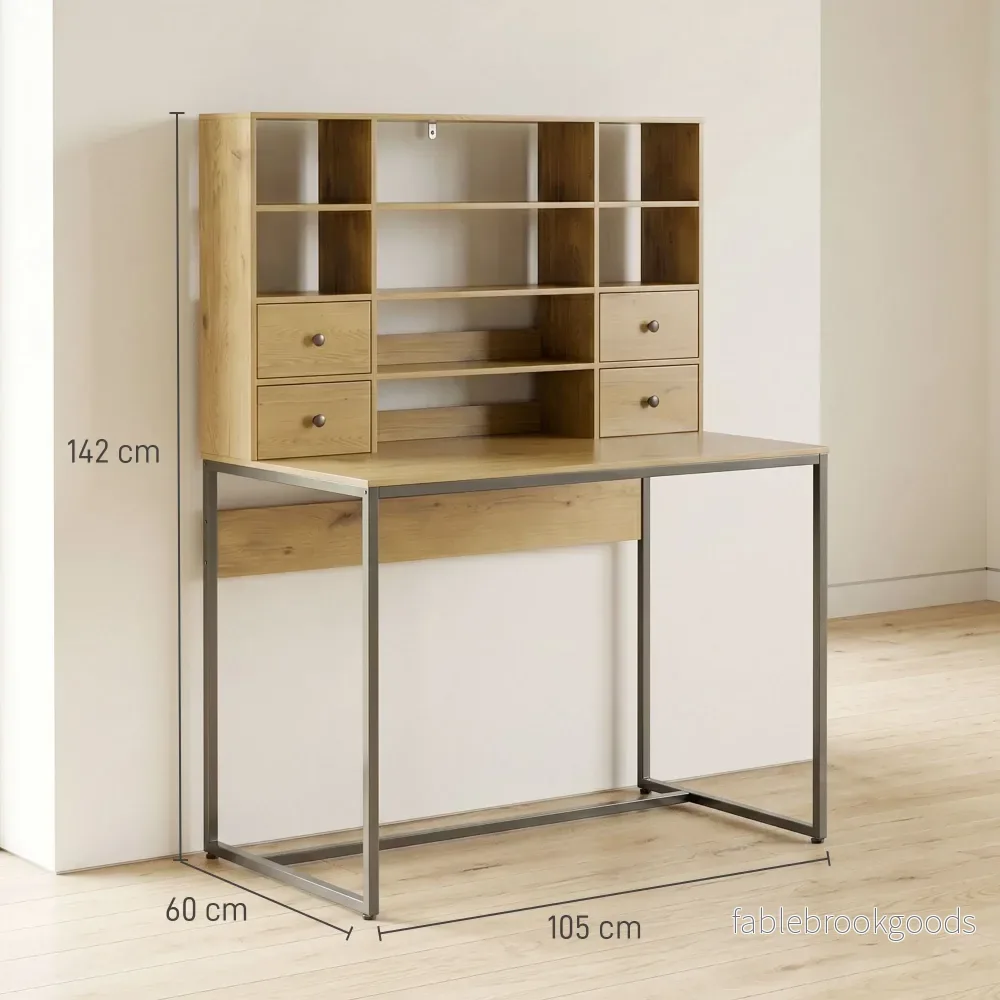 Datorskrivbord 105 cm med 4 lådor och hyllor, naturfärgad - Bild 3