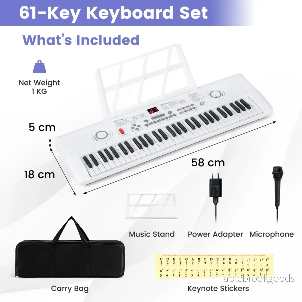 Tangenter – Pianoklavier med stativ och mikrofon bärväska, Digitalpiano E – 61 – Vit - Bild 2