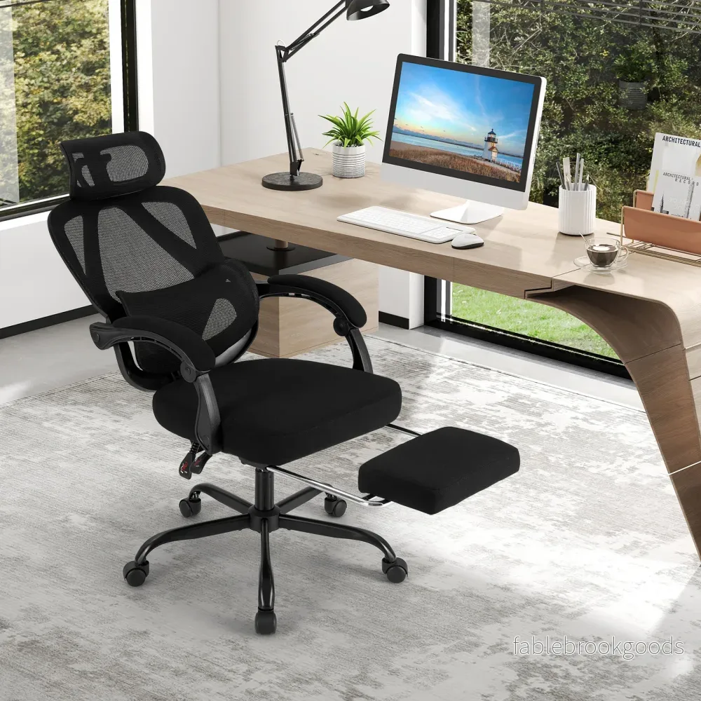 Ergonomisk – kontorsstol med inbyggd fotstöd, skrivbordsstol justerbart ryggstöd, snurrstol för hemmet – Svart - Bild 3
