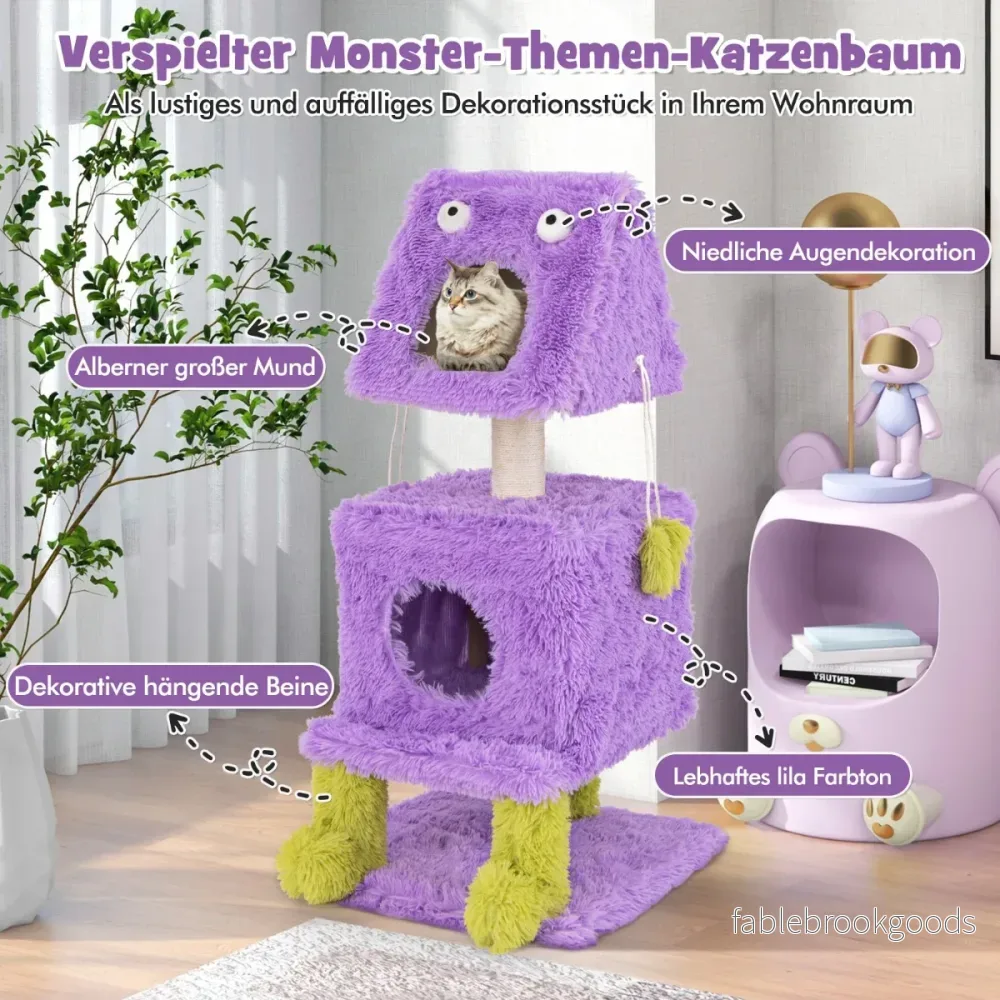 Skrapstolpe – Liten kattträd med monstertema kattgrottor och avtagbar topp – 111 cm 2 – Lila - Bild 2