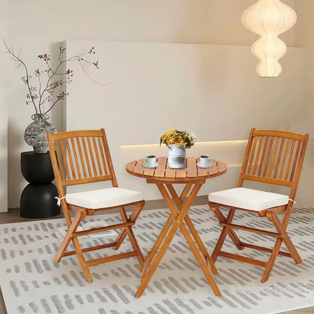 Trädgårdsmöbelset – delat balkongmöbelset med stolar och runt soffbord av akaciaträ hopfällbart bistroset för terrass – 3 2 – Beige - Bild 3