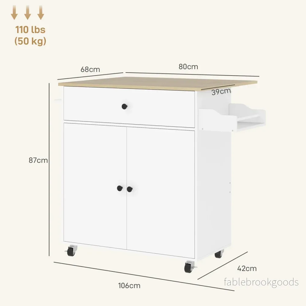 White Kitchen Island Trolley med hjul, kryddställ & förvaring - Bild 3