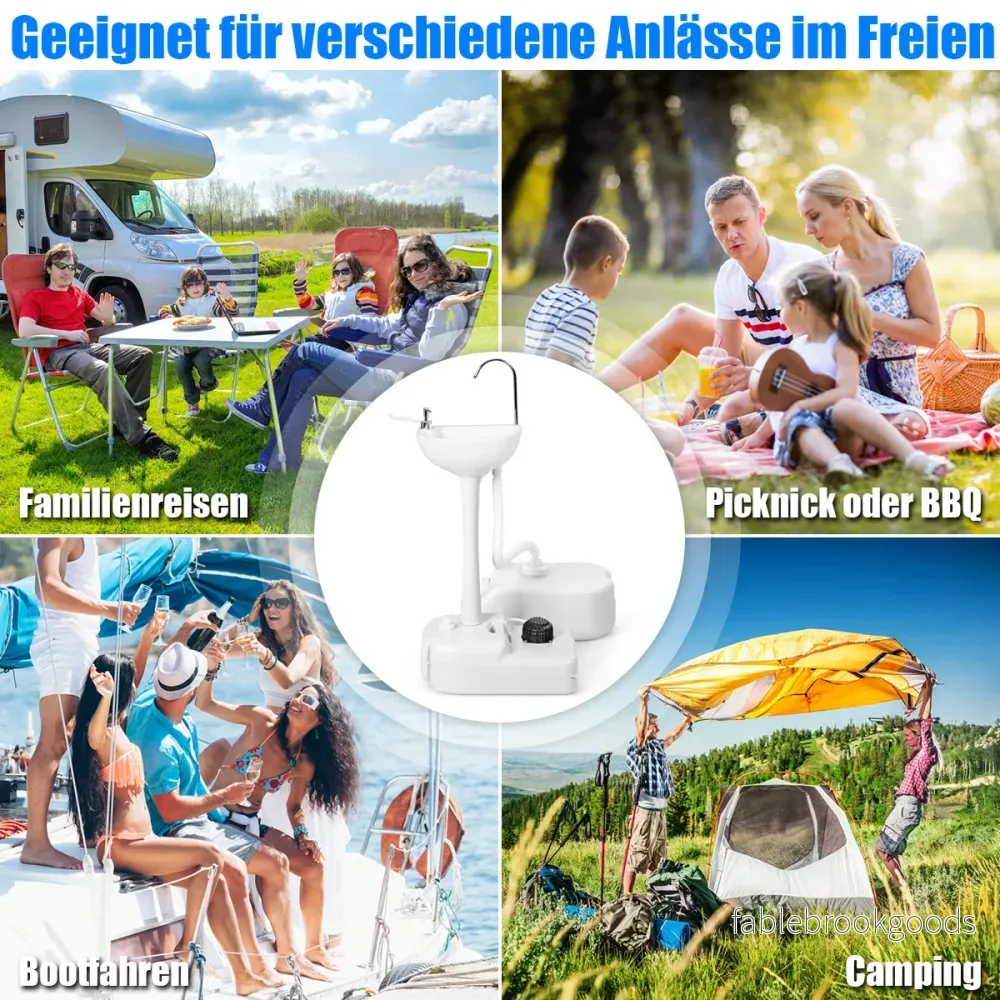 Bärbar – campingdisk med 17L vattentank och hjul handduksställ fotpump – Vit - Bild 3