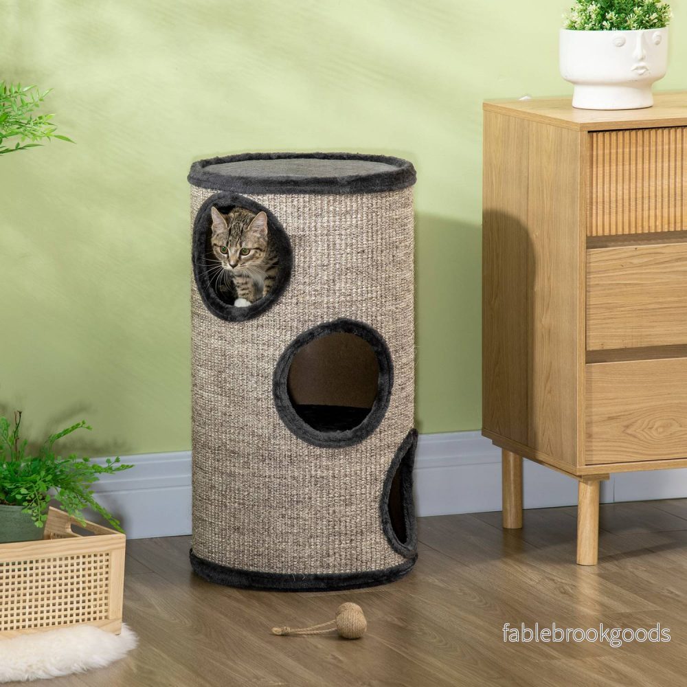 Cat Scratching Barrel med 3 sisal- och plyschgrottor, grå - Bild 2
