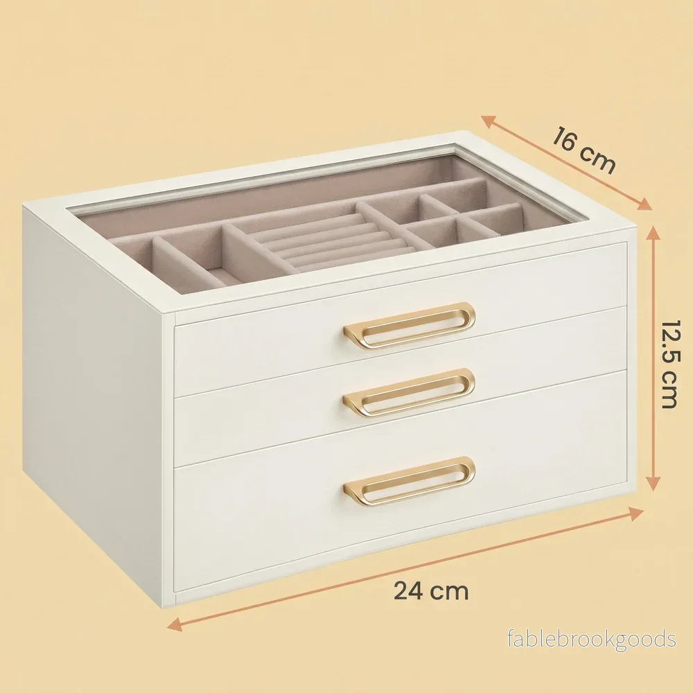 Sieradendoos - Met Glazen Deksel en Meerdere Vakken - Wit en beige - 24 x 16 x 12,5 cm - Bild 3